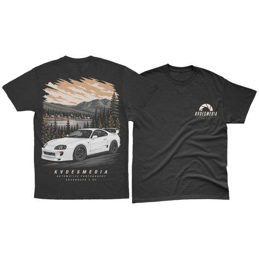 KVDESMEDIA x Aspect T-Shirt in black featuring the KVDESMEDIA front logo and Toyota Supra back graphic