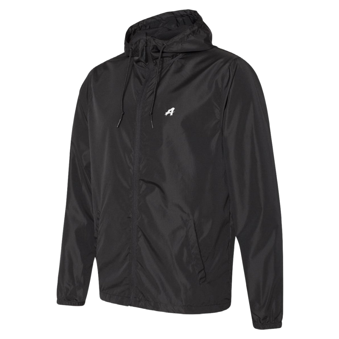 Side view of the black Aspect Windbreaker with adjustable hood
