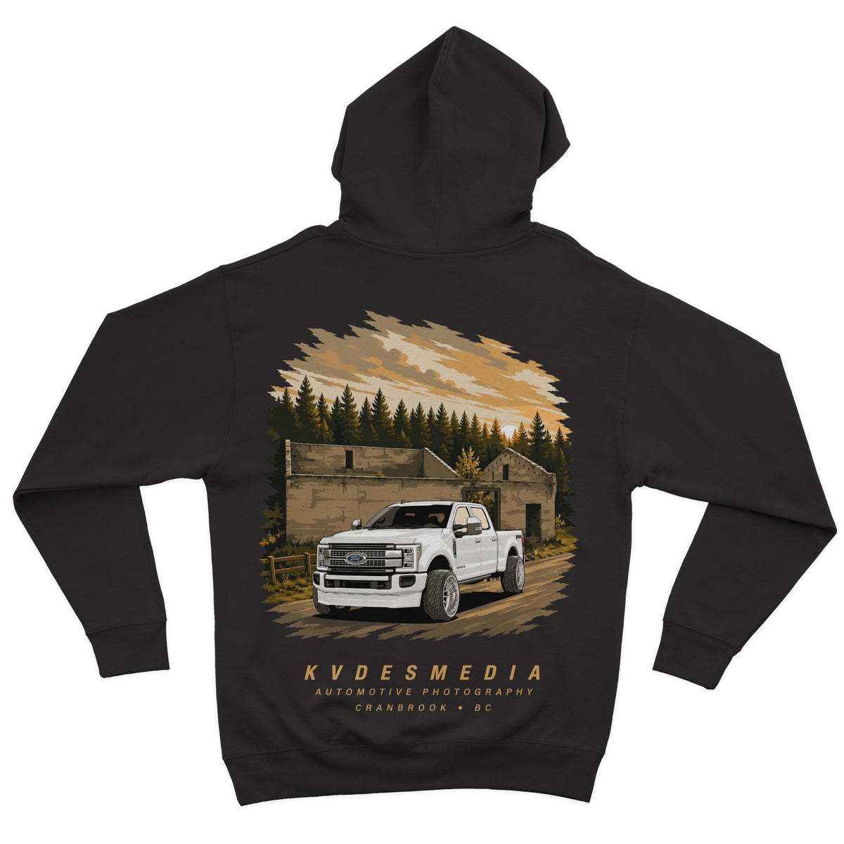 Aspect x KVDESMEDIA black F-350 hoodie back view with graphic